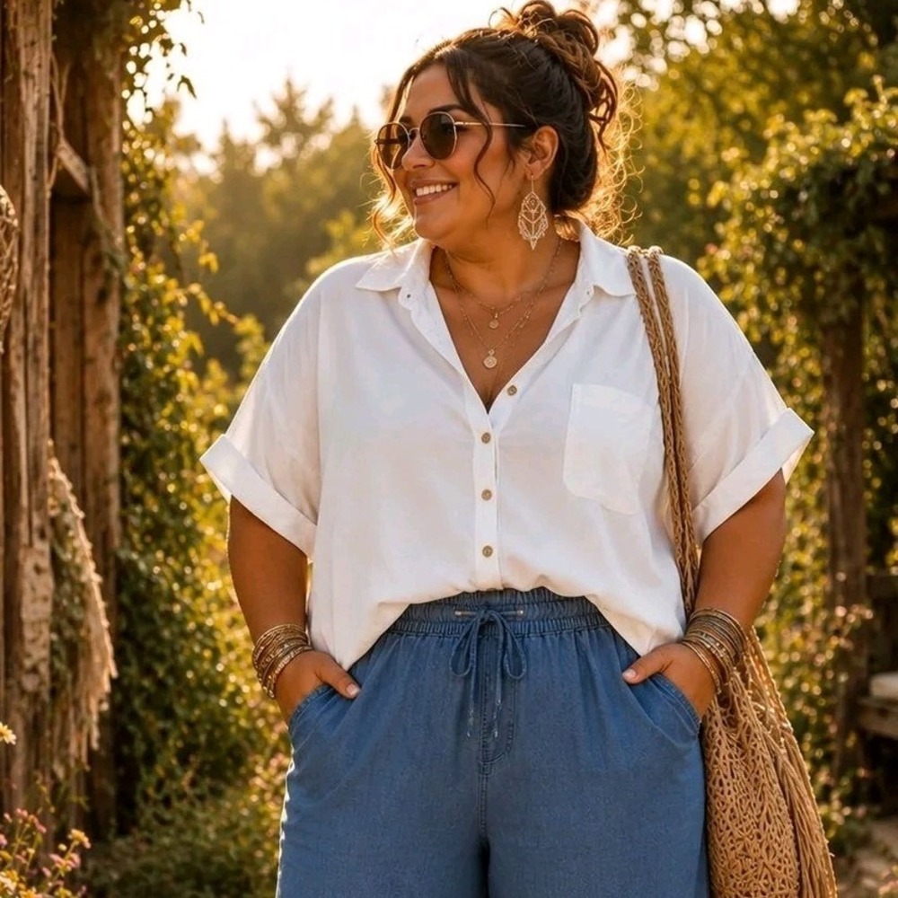 Terra & Sky White Short Sleeve Button Down Shirt Plus Size 2X Lyocell
